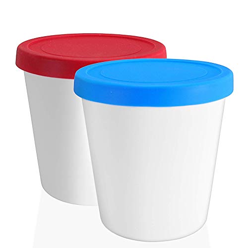 Lin Recipientes para Helado con Cuchara - Pack 2 Recipientes Rectangulares de 1L para Helados Caseros, 1 Tapas Rojas y 1 Azules - Recipientes de Plástico Sin BPA - Aptos Congelador y Lavavajillas