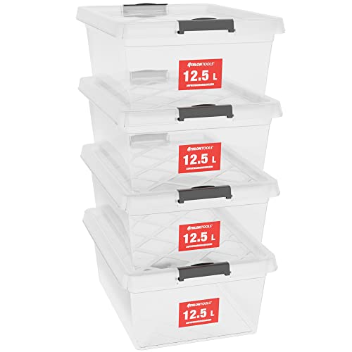 ATHLON TOOLS 4 cajas de almacenamiento de 12.5 L con tapa, aptas para alimentos, clips de cierre, caja de plástico 100% transparente, cajas de ropa apilables