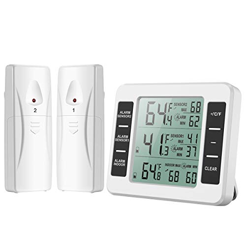 Brifit Termómetro digital para frigorífico, congelador, con 2 sensores, termómetro para congelador con alarma de temperatura, temperatura mínima y máxima, indicador de tendencia de temperatura, flecha