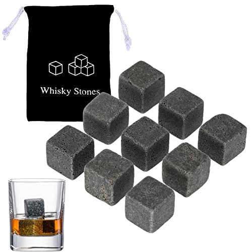 lumcov Juego de 9 Piedras de Whisky,Naturales de Granito,Piedras para Enfriar,Cubitos De Hielo Reutilizables,para Enfriar el Whiskey Vino y Te sin sobre-Enfriarlo ni Diluirlo