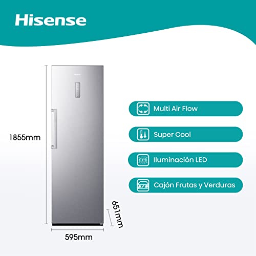 Hisense RL481N4BIE - Frigorífico estándar,Capacidad 370L,una puerta,Color Inox,Total No Frost,Botellero,Metal Tech Cooling,Puerta Reversible,Eficiencia Energética E