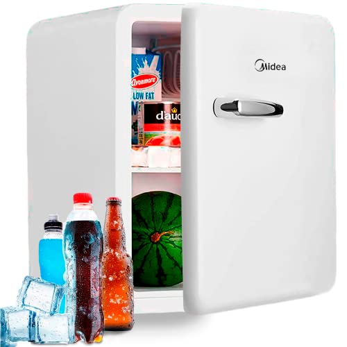 MIDEA Nevera pequeña 43L bajo consumo sin congelador - Mini bar frigorífico pequeño retro vintage para la habitación / caravana /camping - Mini nevera blanca silenciosa 39 dB