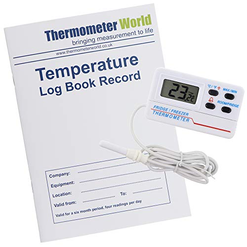 Libro de registro de temperatura con termómetro digital para nevera y congelador con alarma de advertencia de temperatura y función máxima mínima y cable de 1,2 m