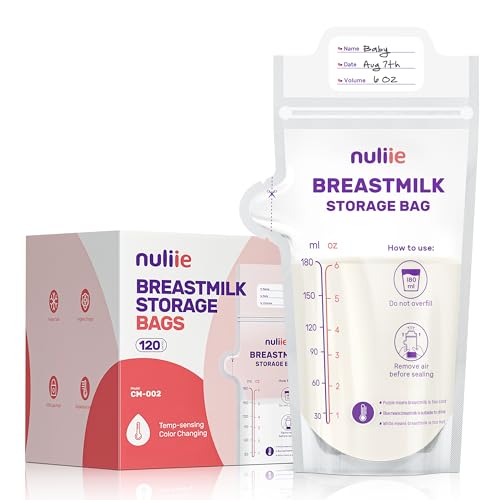 Nuliie bolsas de almacenamiento de leche materna con detección de temperatura de 180 ml, Paquete de 120 Bolsas Congelar Leche Materna Sin BPA y Bolsa Independiente. Ahorra espacio
