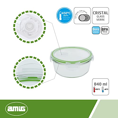 Amig - Recipiente Hermético para Alimentos Mod.500 | Contenedor de Cristal Válido para Microondas, Horno, Congelador y Lavavajillas | Fácil de Limpiar | Anti Olores | Capacidad: 840 ml