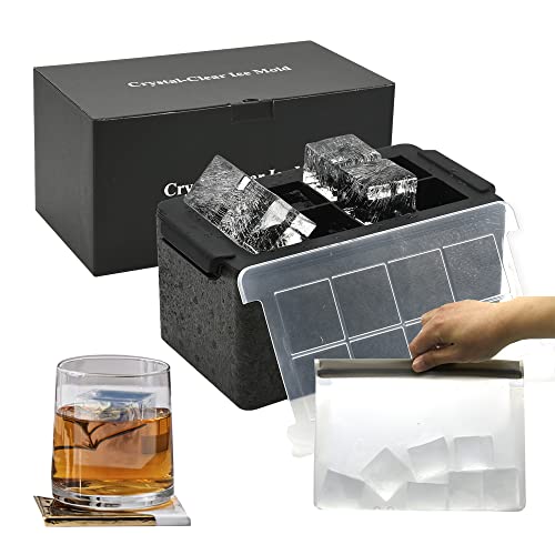 Moldes transparentes para cubitos de hielo – Bandeja gigante para hacer cubitos de hielo de 2 pulgadas, 8 cubos de hielo transparentes grandes para whisky y cóctel con bolsa de almacenamiento (cubo)