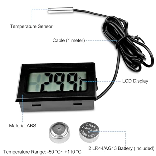 Gvolatee 5 Piezas Termómetro Acuario, Negro Termometro Nevera Frigorifico, Sensor de Temperatura, Mini Termómetro Digital LCD con Sonda Externa Impermeable para Refrigerador Congelador Acuario