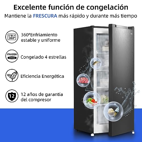 Congelador vertical independiente CHiQ, 145L de capacidad, congelación rápida, termostato ajustable, silencioso, puerta reversible, negro, clasificación energética E