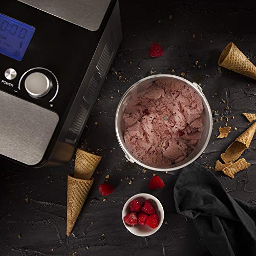 Princess 282604 Máquina de helados Deluxe, 180 W, 2 L de capacidad, recipiente extraíble, prepara helado casero, yogur congelado y sorbetes, pantalla LCD, tapa transparente con apertura de llenado