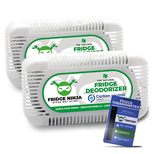 Fridge Ninja Eliminador de Olores para Nevera, Desodorizante y Ambientador para Bolsa de Almuerzo - Purificador de Aire Reutilizable Natural de Carbón Activado - 2 Paquetes + Termómetro para Nevera