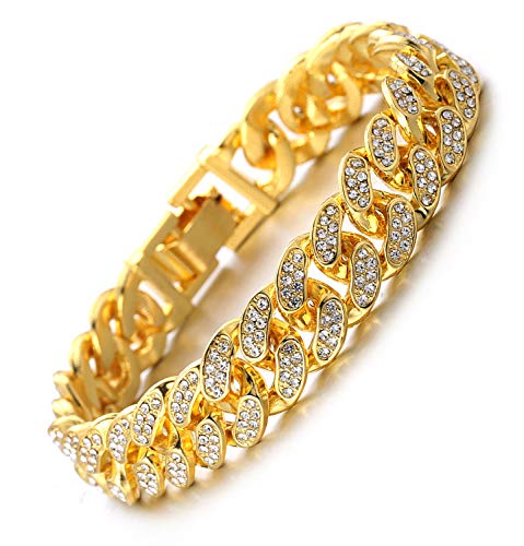 Halukakah - Cadena cubana para hombre, 15 mm/20 mm, cadena de oro genuino Miami chapada en oro de 18 quilates, platino oro blanco collar pulsera, diamantes de laboratorio incrustados artesanales,
