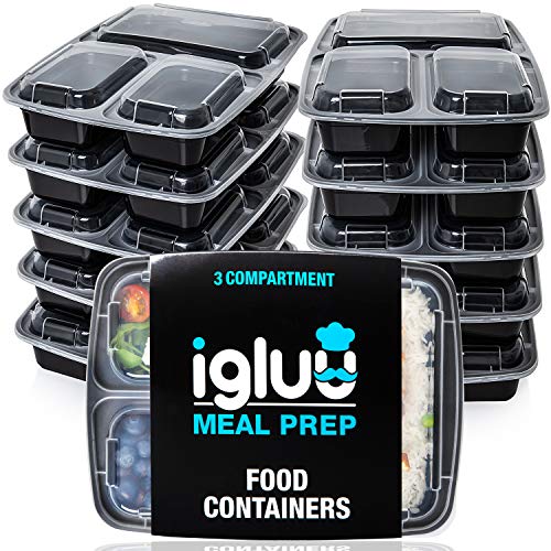 Igluu Meal Prep - Recipientes de 3 Compartimentos para comida de Plástico Sin BPA con Tapas Herméticas - Apilables y Reutilizables - Aptos para Microondas, Congelador y Lavavajillas - Set de 10