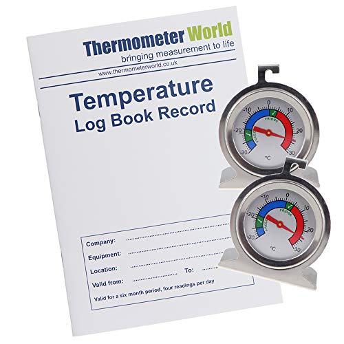 Libro de registro de temperatura con 2 x termómetro de acero inoxidable para nevera con zonas de almacenamiento de alimentos refrigerados recomendadas