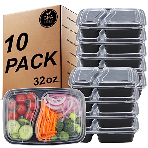 KINGHON 2 Compartimentos Meal Prep Containers -Almacenamiento de alimentos reutilizable sin BPA con tapas herméticas,Congelador, microondas y lavavajillas,Fiambreras Bento[10 piezas,32 oz]