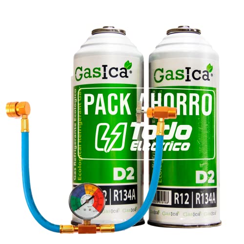 Pack Ahorro GASICA D2, (2 bombonas de 226gr) Gas refrigerante ecológico orgánico sustituto de R12, R134A más Manguera con manómetro con llave para reparación aire acondicionado